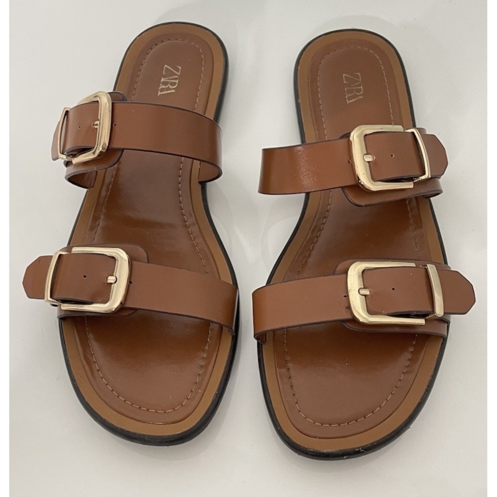 Zara Brown Leather Gold Double Buckle Flat Slide Sandals Size 38 US 8